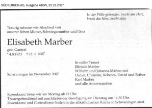 Marber Elisabeth, geb. Gantert, 22.11.2007