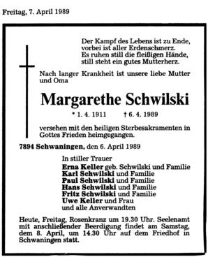 Schwilski  Margarethe, geb. Schulz, 06.04.1989