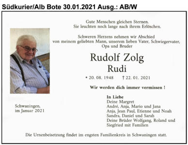 Rudolf (Rudi) Zolg 22.01.2021 