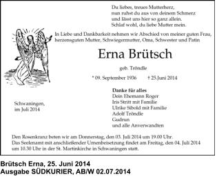 Brütsch Erna, geb. Tröndle, 25.06.2014