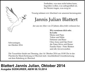 Blattert Jannis Julian, Oktober 2014