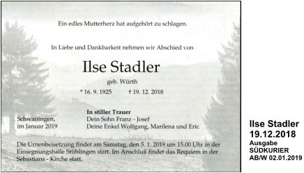 Stadler Ilse, geb. Würth 19.12.2018