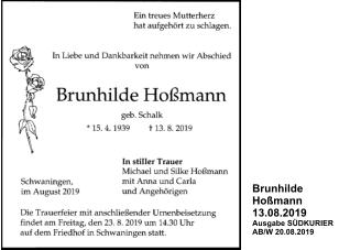 Hoßmann Brunhilde, geb. Schalk 13.08.2019