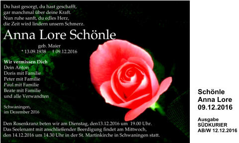 Schönle Anna Lore, geb. Maier, 09.12.2016