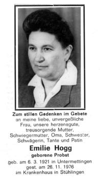 Hogg Emilie, geb. Probst, 26.11.1976