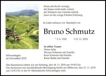 Bruno Schmutz Schwaningen gestorben 15.11.2018