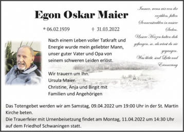 Todesanzeige Egon Maier, 31.03.2022