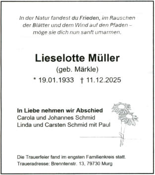 Lieselotte Müller, geb. Märkle, Todesanzeige, 14.01.2026