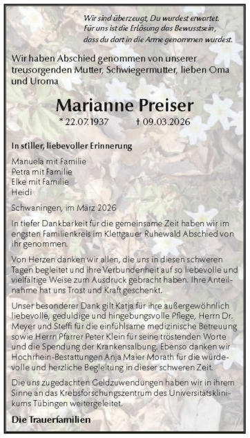 Preise Mariann - Danksagung - Schwaningen